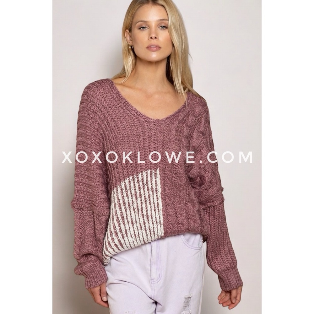 POL Soft Wine Mixed Knit Oversized Slouchy Sweater